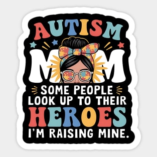 autism mom raising heroe messy bun for women autism awarenes Sticker